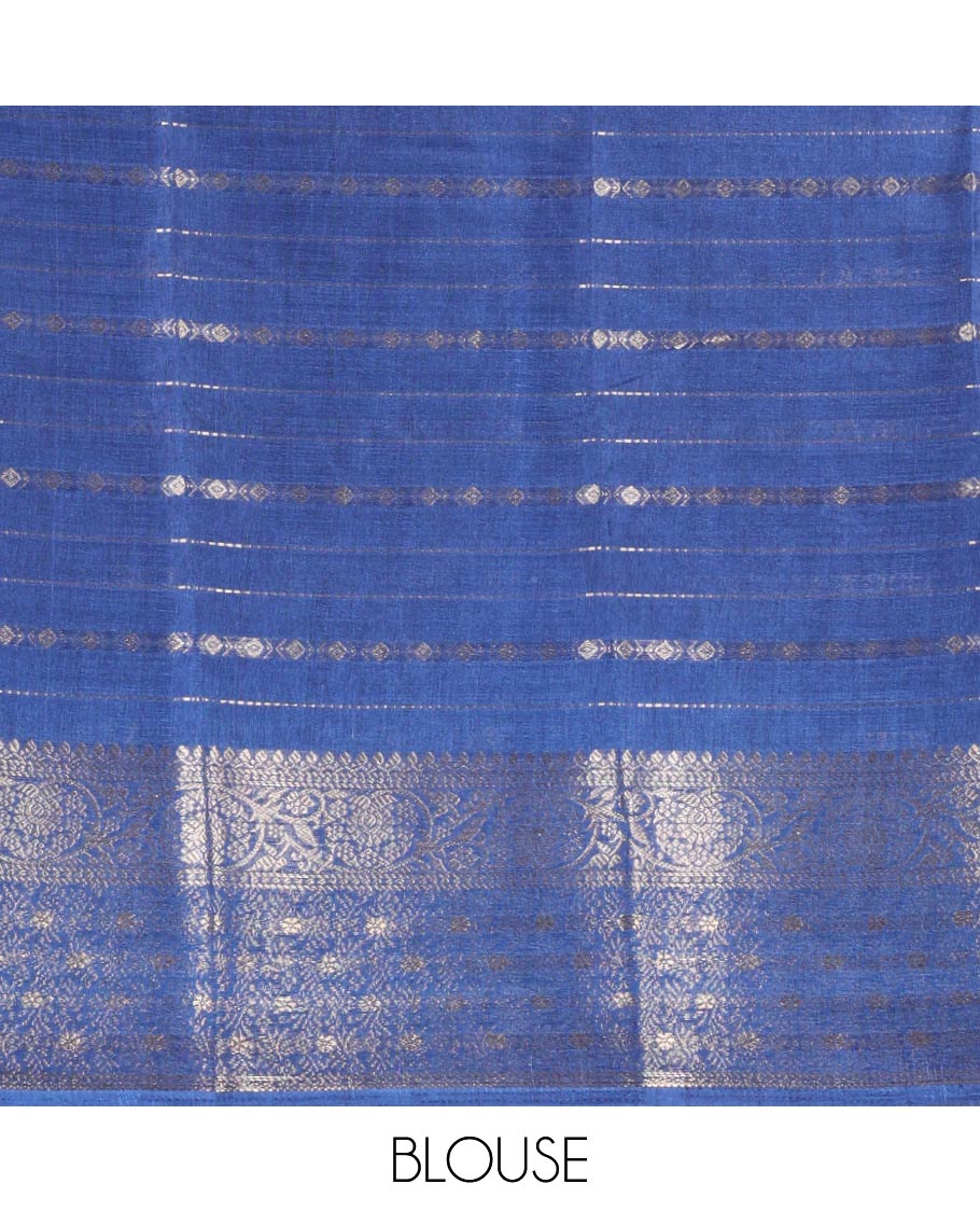 Blue Dola Silk Saree Adorned with Paisley Buttas, and Horizontal Zari Stripes All Over Its Body, Complemented by Contrast Floral Creeper Zari Design Border, Pallu Steeped with Paisleys, and Paired with a Contrast Blouse