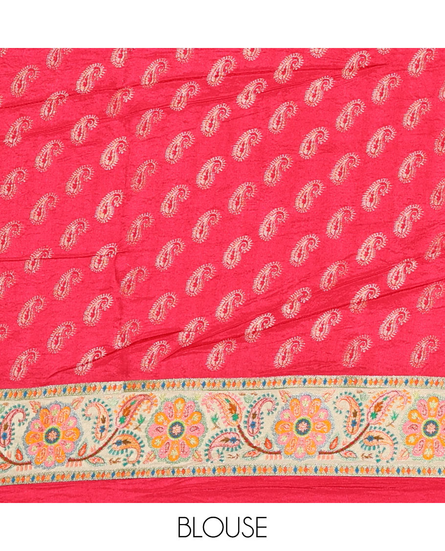 Chikku intricate Mughal style position woven Russian silk saree, Mughal style motifs position woven border, pallu, and a contrast manga buttas blouse