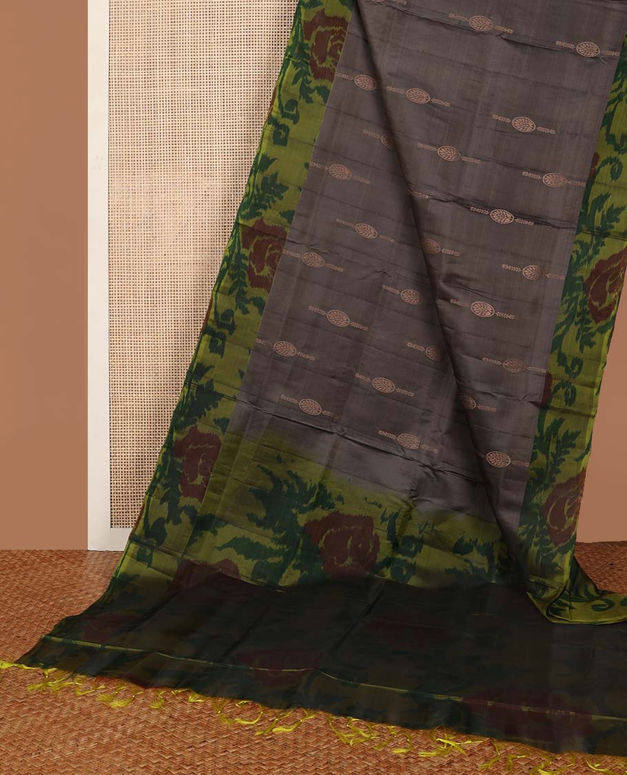 Dark grey floral motifs uppada saree with contrast floral design border & floral design pallu
