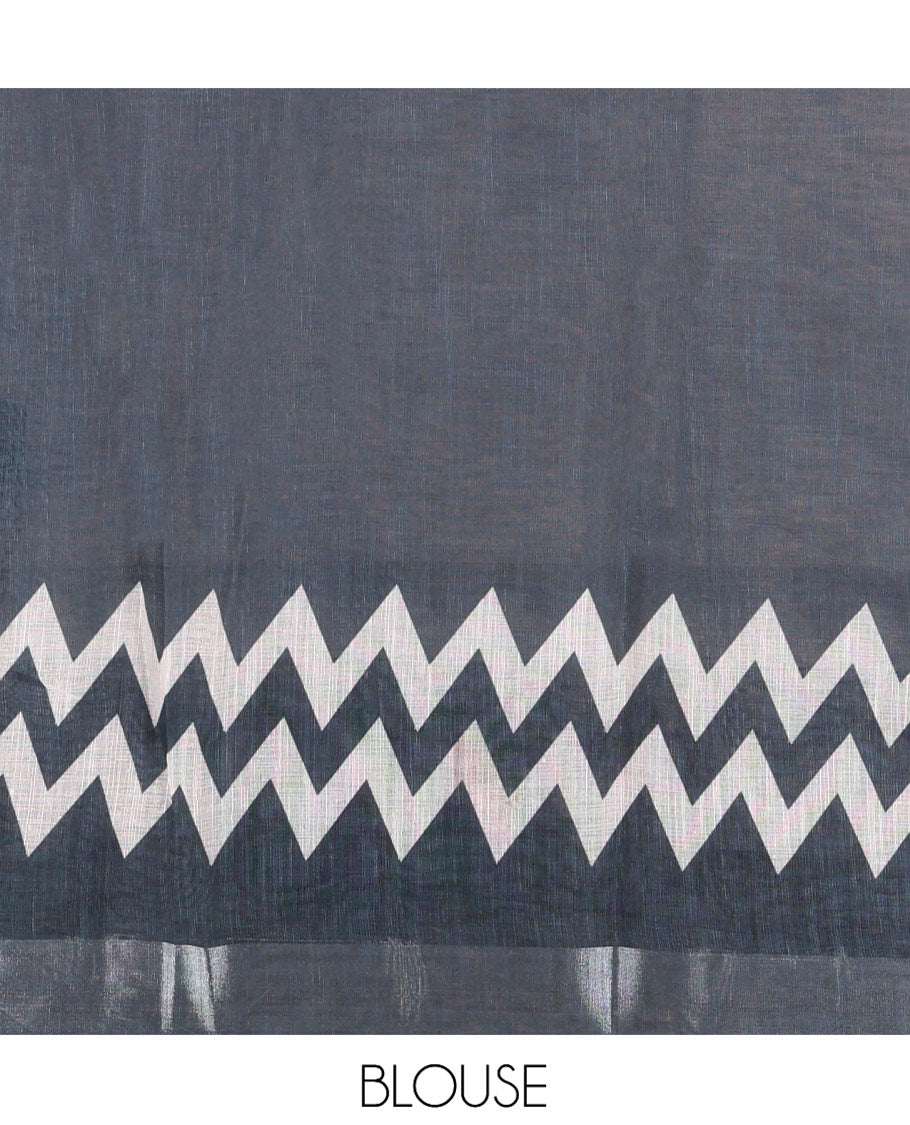 Peach Linen Cotton Saree Features a Dancer-Feet-Theme Print, Contrast Border, Striped Pallu, and a Contrast Blouse