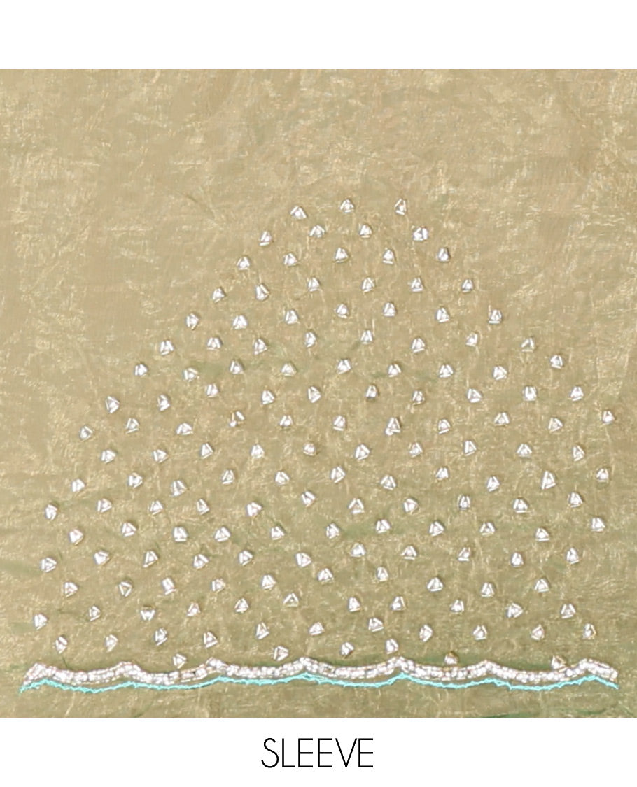 Leaf Green Organza Glass Tissue Designer Saree With Stonework, a Scallop Border, and a Matching Blouse