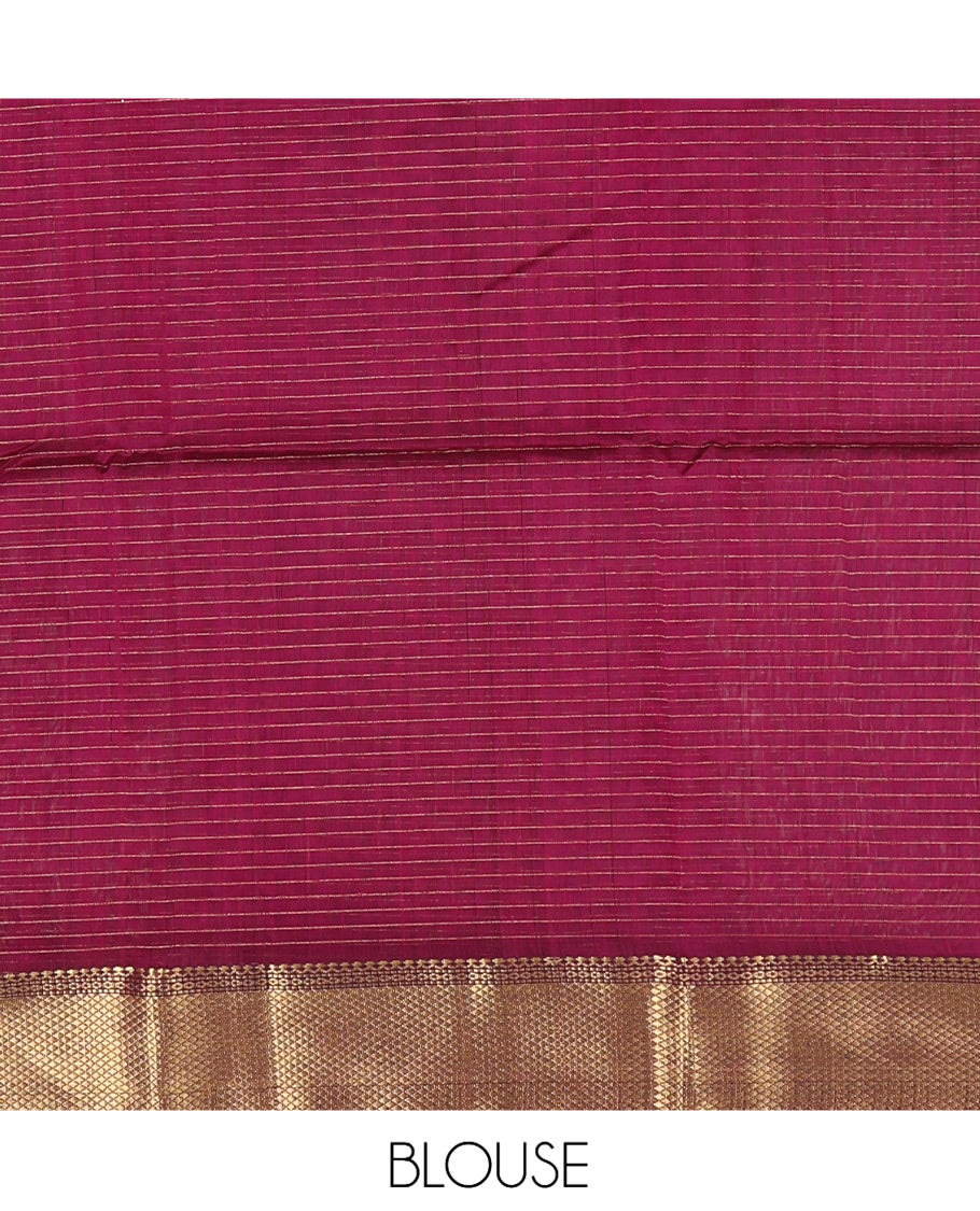 Wine Maheshwari Cotton Saree, Accentuated with Zari Checks, Highlighted by a Traditional Zari Border, Gleaming Zari Woven Pallu, and a Matching Blouse