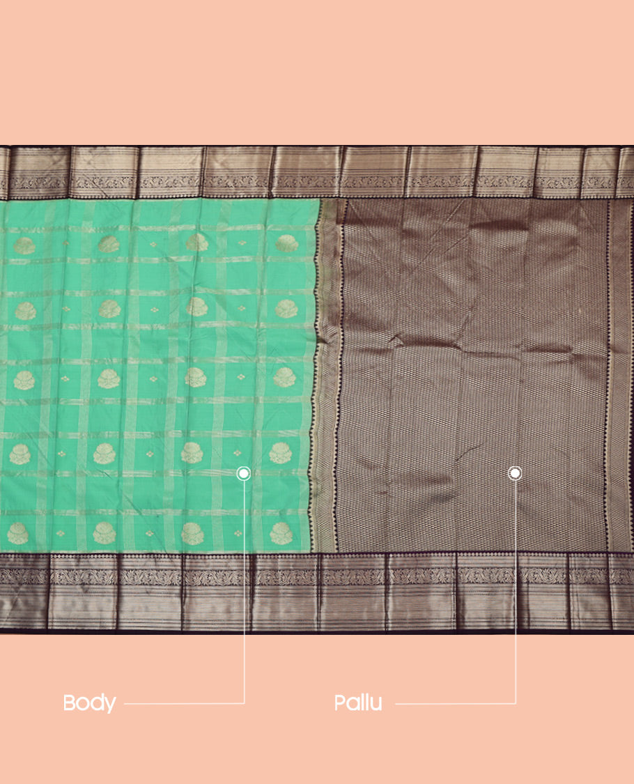 Green Budget Silk Saree, Finely Crafted with Zari Butta Enclosed Checks, Complemented by a Contrast Traditional Zari Border, Jaal Pallu, and a Contrast Blouse