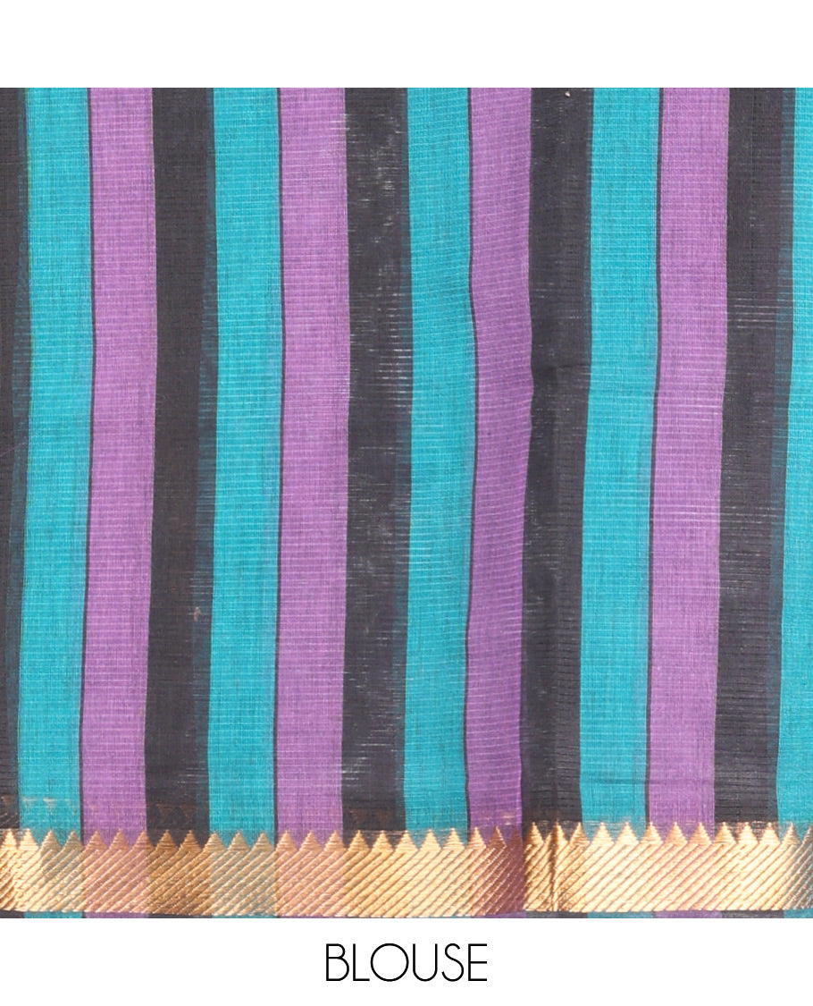 Black Plain Andhra Cotton Saree, Highlighted by a Temple Zari Border, Contrast Striped Pallu, and a Contrast Blouse