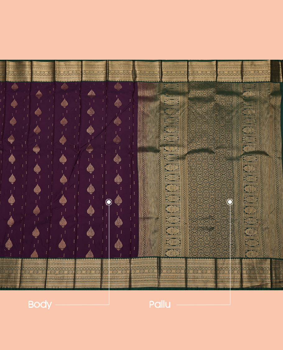 Purple Budget Silk Saree, Gleamed Up with Zari Buttas All Over Its Body, Complemented by a Contrast Traditional Zari Design Border, Grand Pallu, and Paired with a Contrast Blouse