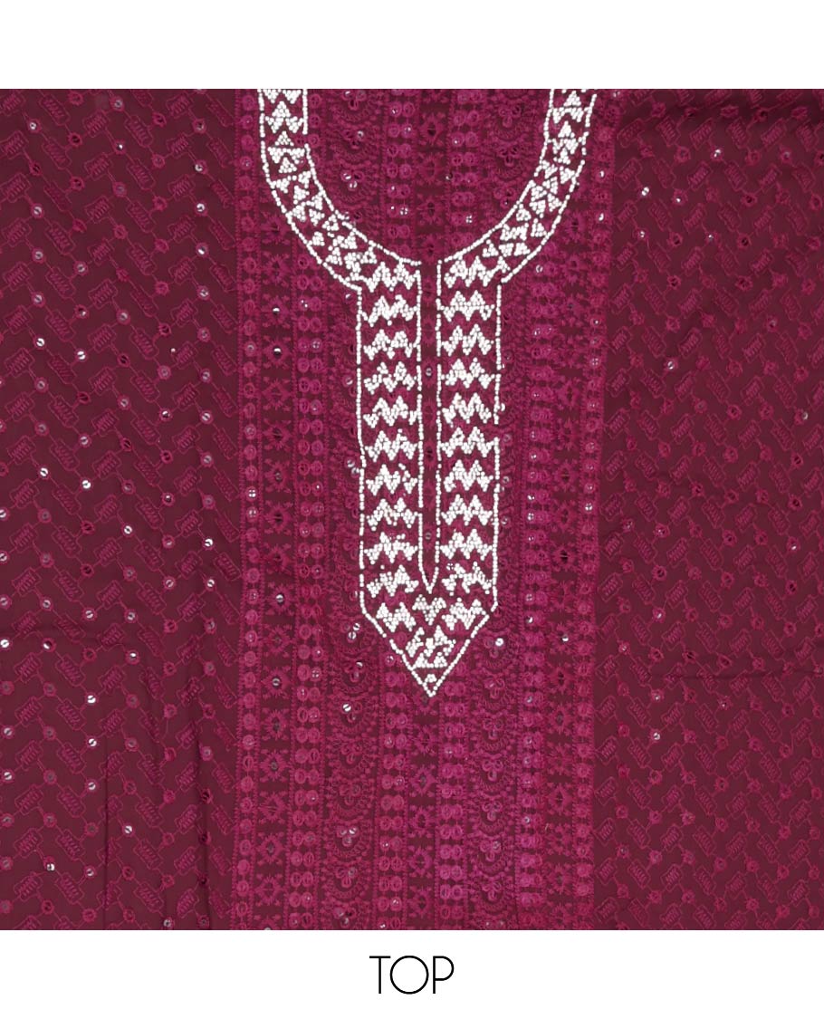 Wine Material Chudidar Set, Delicately Woven with Chikankari-style Thread Embroidered and Neck Stone Work Georgette Top, a Plain Santoon Bottom, and Paired with Embroidered Georgette Dupatta