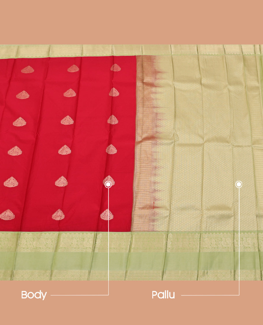 Red Budget Silk Saree, Showcasing Zari Buttas on Its Body, Complemented by a Contrast Traditional Zari Design Rettai Pettu Border, Grand Jaal Pallu, and Paired with a Contrast Blouse