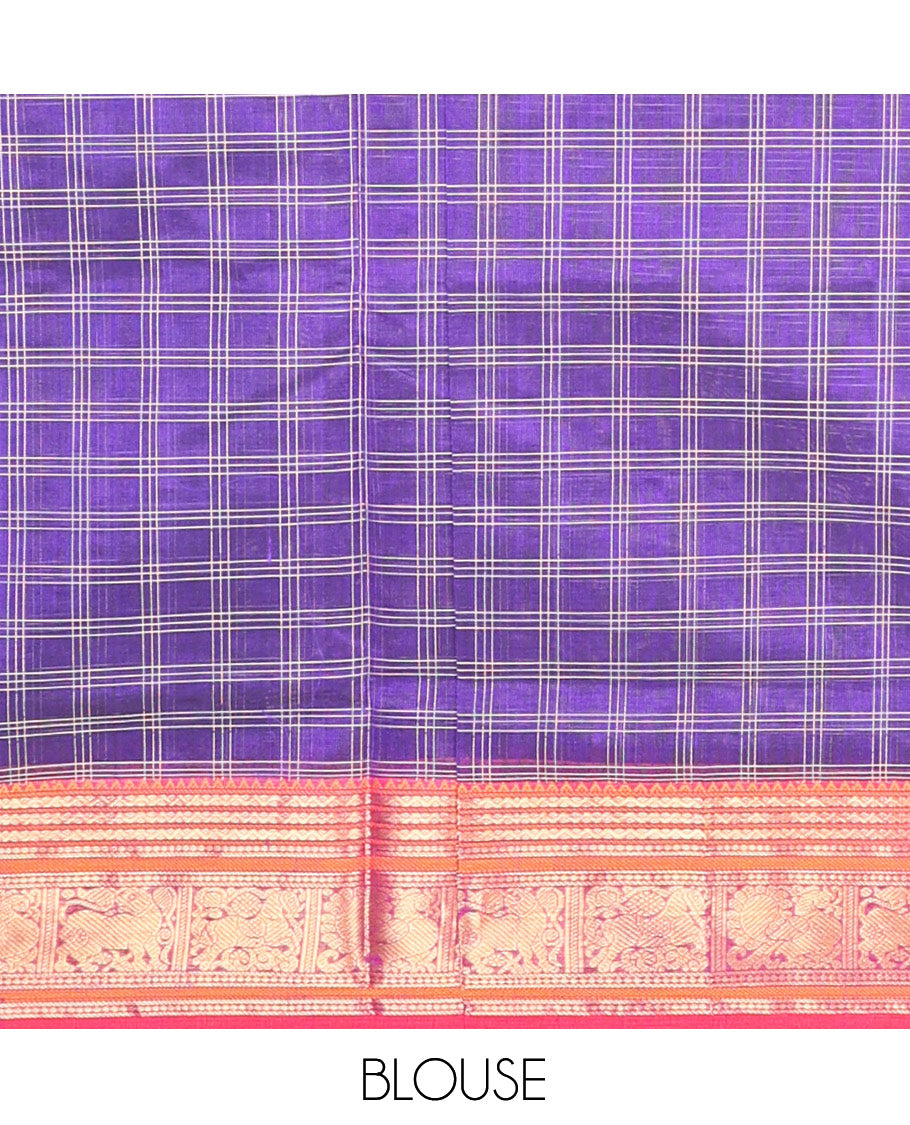 Purple Buttas Enclosed Checked Kuppadam Silk Saree, a Contrast Yazhi Border, Grand Pallu, a Matching Blouse