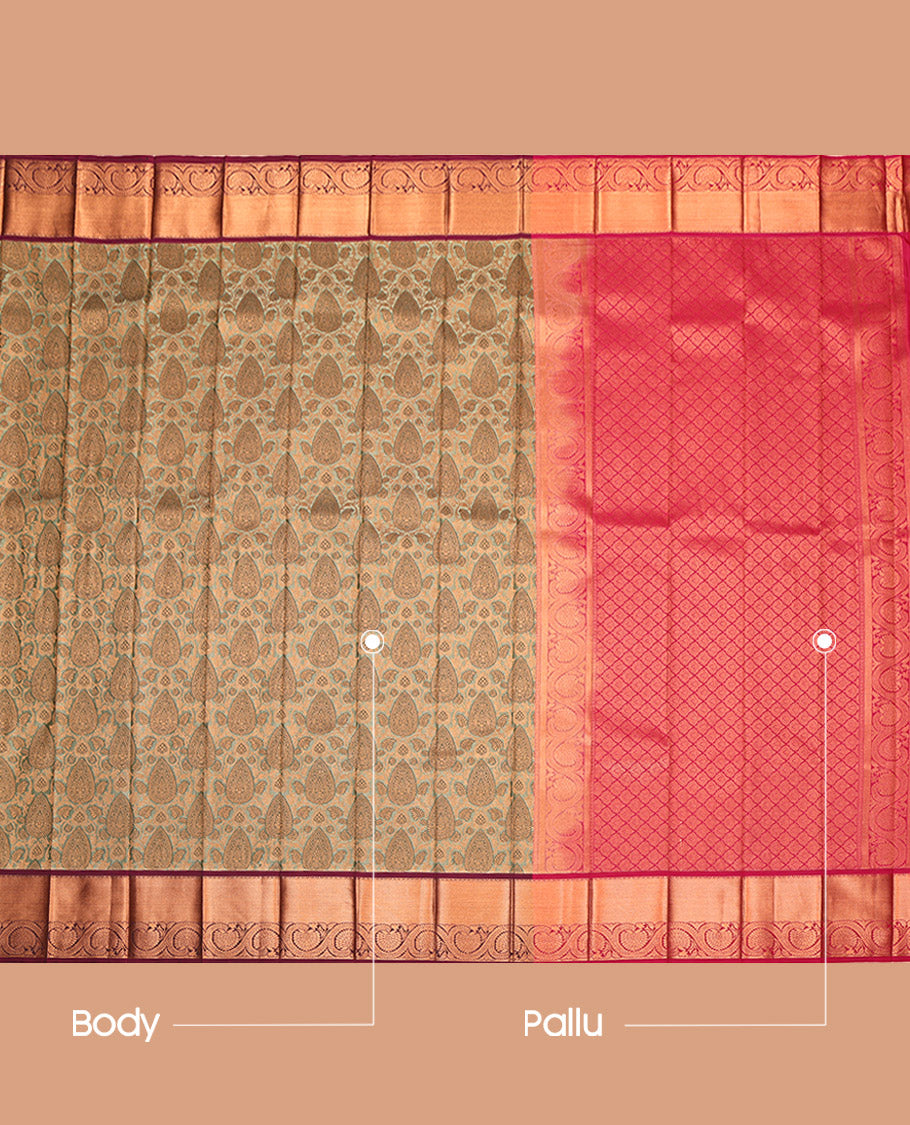 Green Budget Silk Saree, Detailed with Jacquard, a Contrast Traditional Zari Border, Jaal Pallu, and a Contrast Blouse