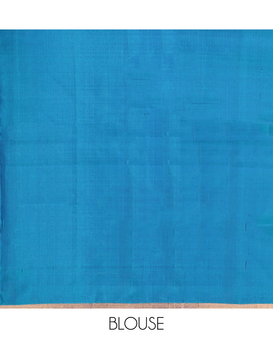 Blue Mayuri Soft Silk Saree, Steeped in the Richness of Mayil Buttas, a Piping Border, Pallu of Ara Maadam Designs, and a Matching Blouse