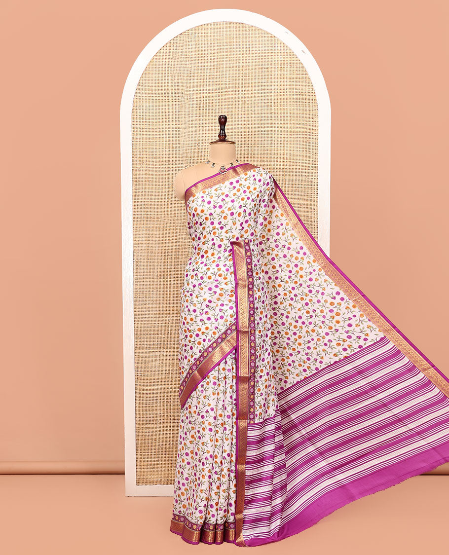 Cream Printed Silk Saree, Majestically Detailed with a Paisley, Fauna, and Human Print, Contrast Traditional Zari Border, Striped Pallu, and Contrast Blouse