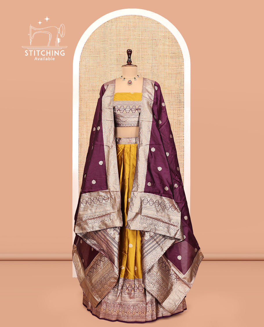 Mustard-Purple Banarasi Half-Saree, Graced with Zari Buttas, a Contrast Traditional Zari Border, a Matching Blouse, and a Contrast Embroidered Dhavani