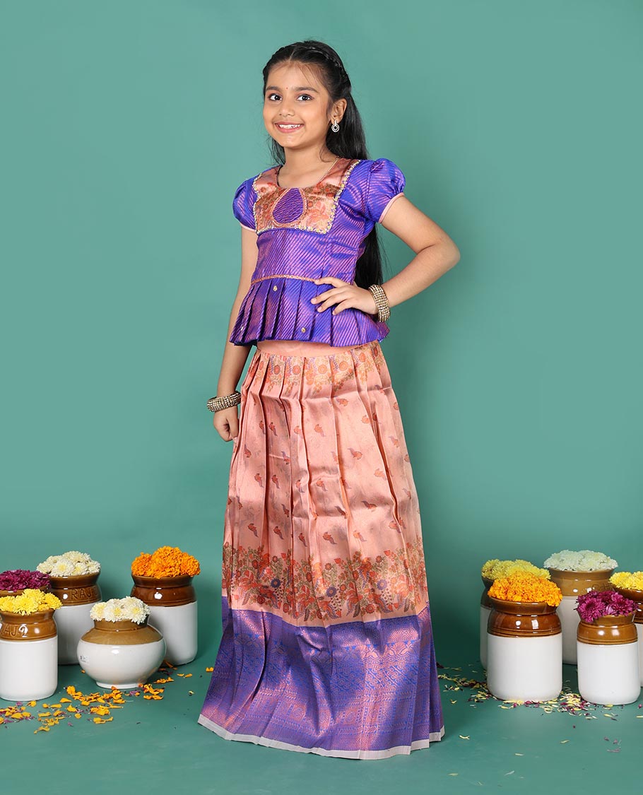 Peach art silk pavadai Readymade set, jacquard with contrast traditional zari border skirt, and contrast neck embroidered puff-sleeve blouse