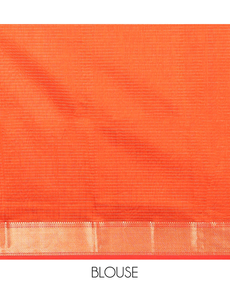 Orange Maheshwari Cotton Saree, Gleamed up with Zari Checked Design On Its Body, Suble Traditional Zari Designs Woven Border, Self-pallu and Paired with a Matching Blouse