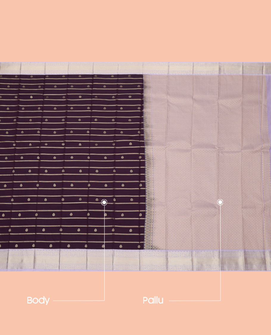 Violet Budget Silk Saree, Enthralled with Zari Buttas, Complemented by a Contrast Traditional Zari Design Border, Jaal Pallu, and a Contrast Blouse