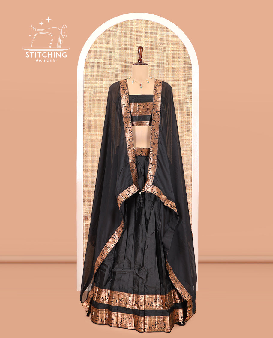 Black Semi-Silk Half-Saree Features Plain Skirt, a Rettai Pettu Elephant-Peacock Border, Matching Blouse, and a Dhavani