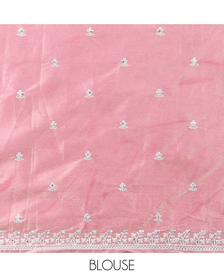 pink floral embroidery half saree with self embroidery border, buttas embroidery blouse & floral embroidery dhavani