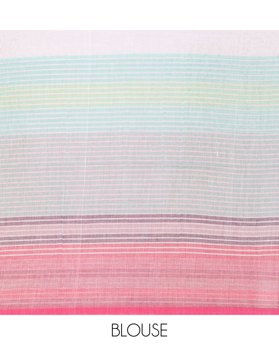 Multi-color striped khadi mul cotton saree, striped border, striped pallu with tassels and matching blouse