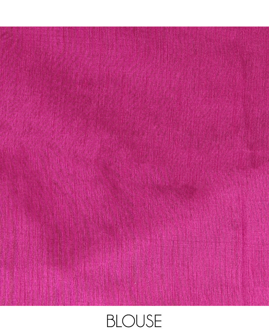 Borderless Green-Magenta Semi-Raw Silk Saree, Decorated with Sequined Stripes, a Contrast Zari Striped Pallu, and Contrast Blouse
