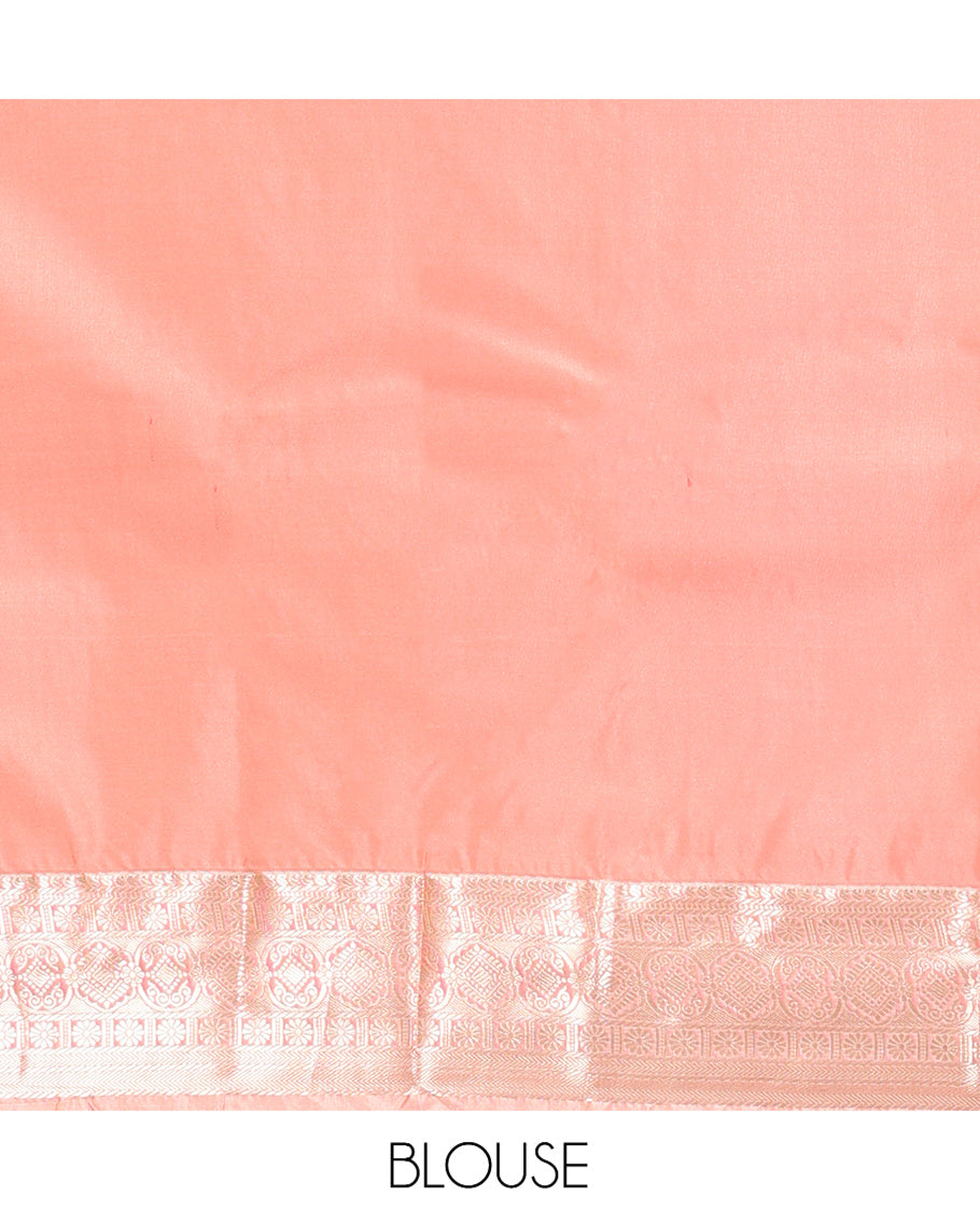 Red Budget Silk Saree, Spotlighted with Zari Buttas, Complemented by a Contrast Traditional Zari Border, Pallu of Jaal and Paisleys, and Contrast Blouse