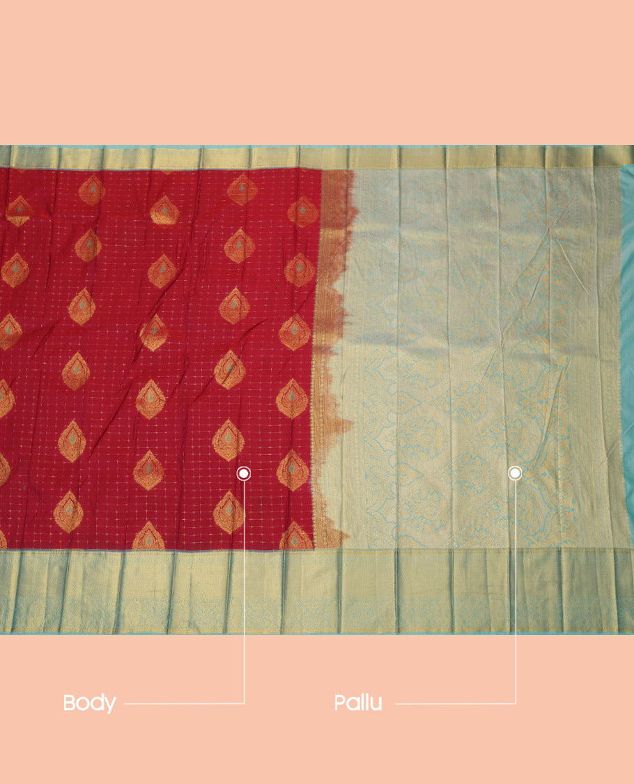 Red Budget Silk Saree, Elevated with Zari Buttas and Checks, Complemented by a Contrast Traditional Zari Border, Grand Pallu, and Contrast Blouse