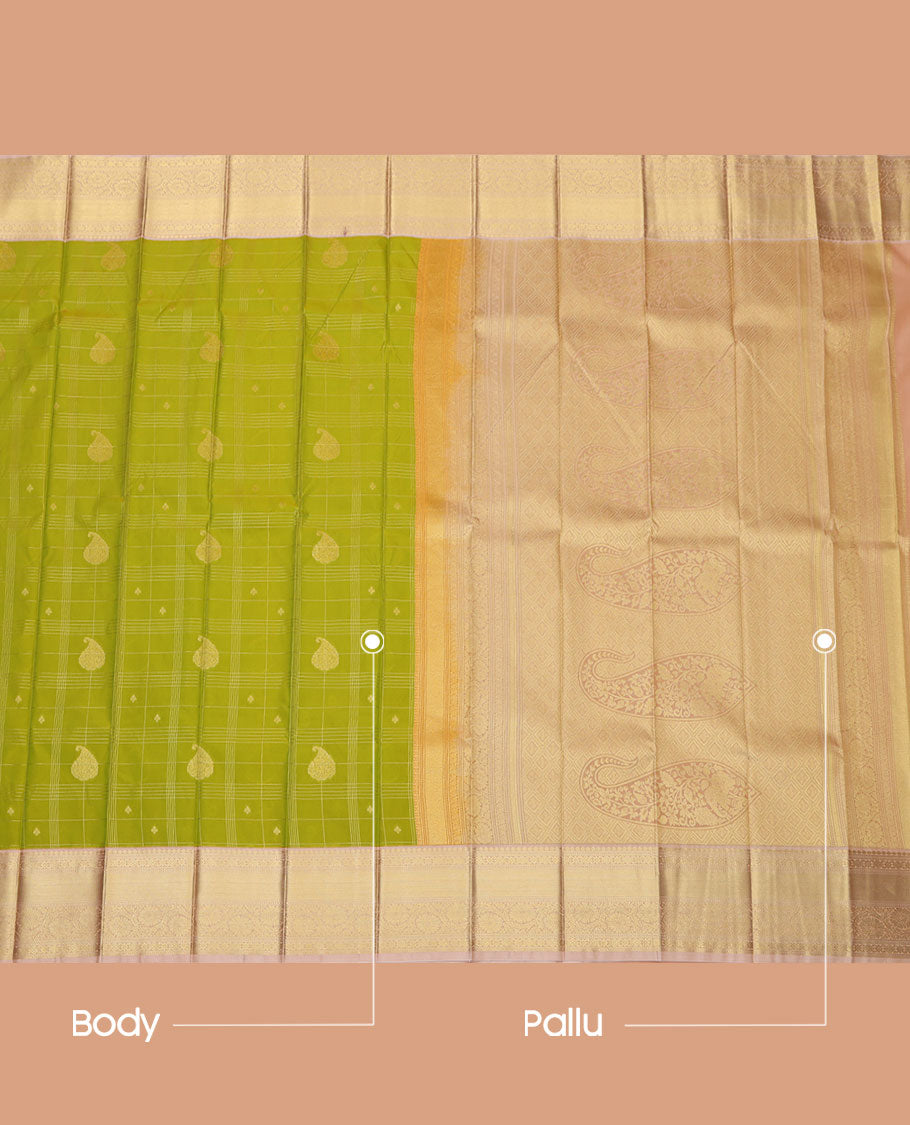 Green Budget Silk Saree, Detailed with Zari Buttas and Checks on Its Body, Complemented by a Contrast Traditional Zari Design Border, Intricately Designed Pallu, and Paired with a Contrast Blouse