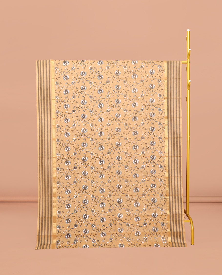 Chikku Chirala Cotton Saree, Beautified with a Floral Vine Print, Striped Border, Printed Pallu, and a Matching Blouse