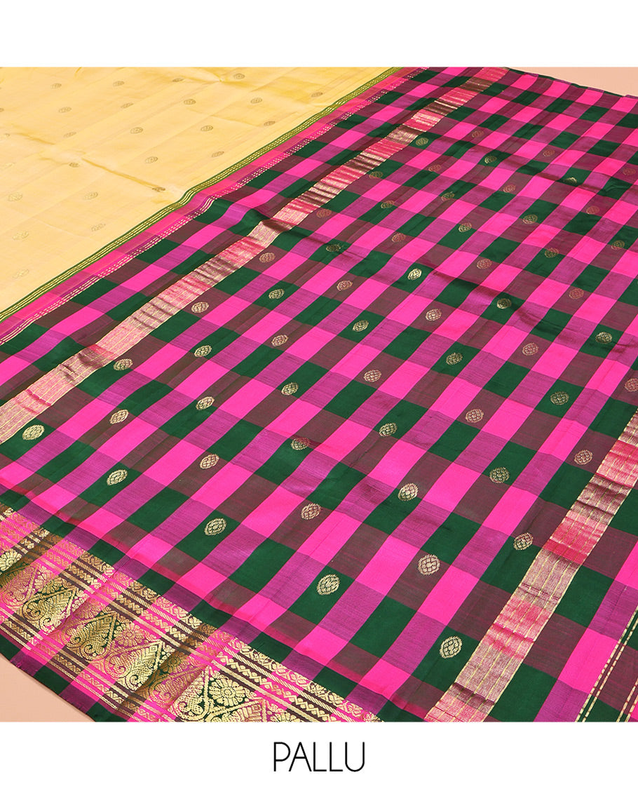 Yellow Kanchipuram Silk Saree, Sparsely Woven with Zari Buttas, Contrast One-Sided Korvai Checked Border of Neli, Banaras, and Jada Nagam Designs, Zari Design Pallu, and No Blouse