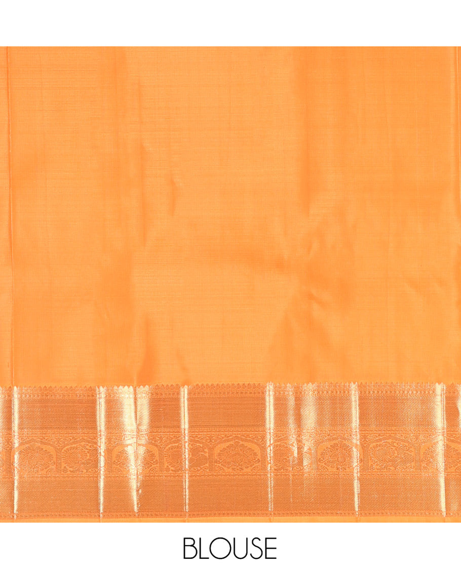 Orange Kanchipuram Silk Saree, Sparsely Woven with Zari Buttas, Highlighted by Zari Border of Thilakam Mokku, and Mayil Designs, Grand Pallu, and Matching Blouse