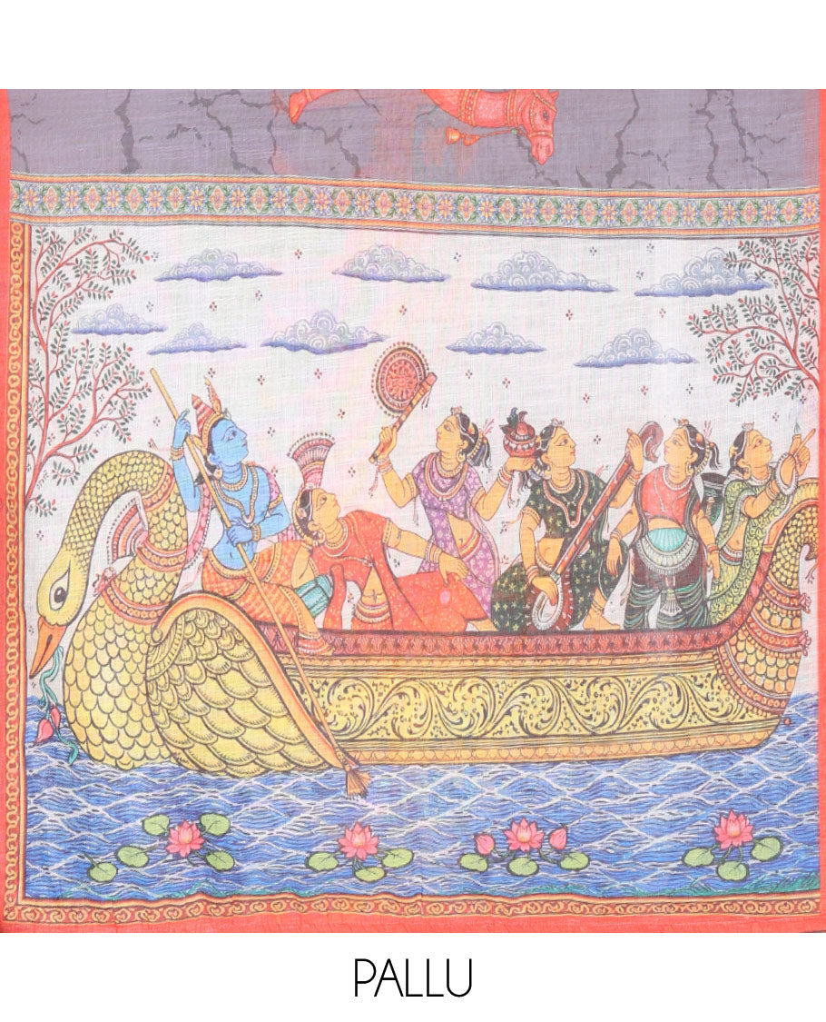 Grey Linen Cotton Saree, Bedecked with Batik Vines and Camel Motifs Printed on Its Body, Complemented by a Contrast Piping Border, Pallu of God and Goddess Figurines, and Paired with a Contrast Blouse