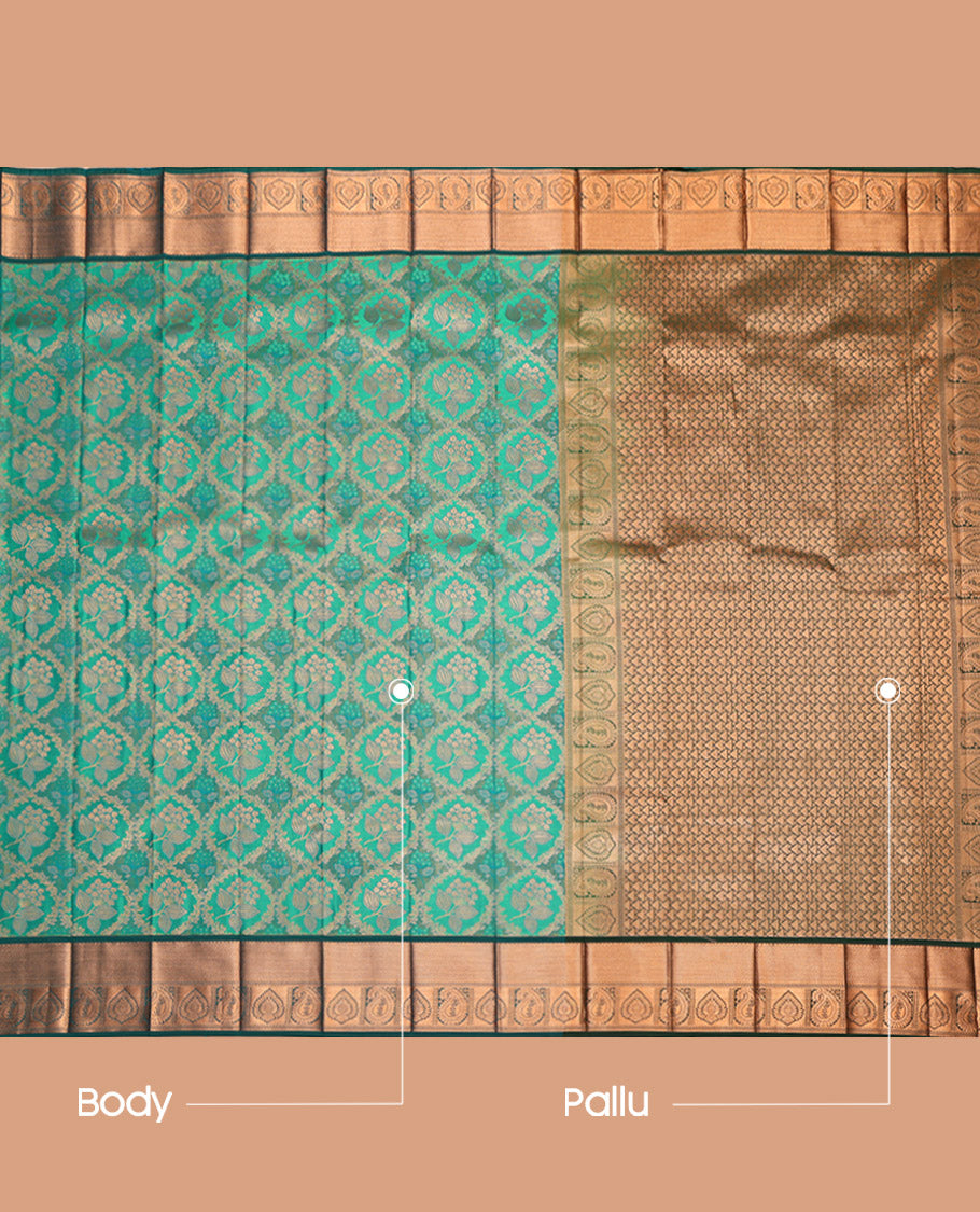 Green Budget Silk Saree, Prettified with Floral Jacquard Design, Complemented by Contrast Traditional Zari Border, Grand Pallu and a Contrast Blouse