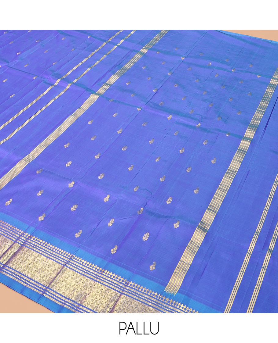 Lavender Zari Buttas Kanchipuram Silk Saree, Highlighted by a Zari One-Sided Border of Panner Sombu, Banaras, Muthu, and Jaal Designs, Zari Design Pallu, and a No Blouse