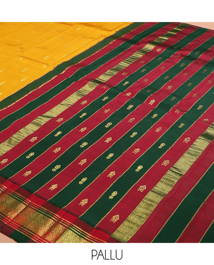 Yellow Kanchipuram Silk Saree, Woven with Zari Buttas, a Contrast One-sided Korvai Traditional Border, Pallu of Zari Designs, and No Blouse
