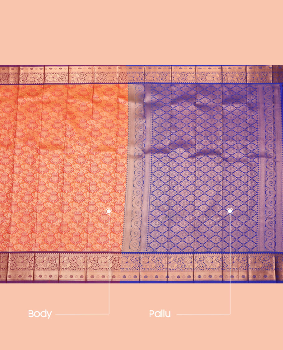 Orange Budget Silk Saree, Embellished with a Jacquard Design, Complemented by a Contrast Traditional Zari Border, Grand Pallu, and Contrast Blouse