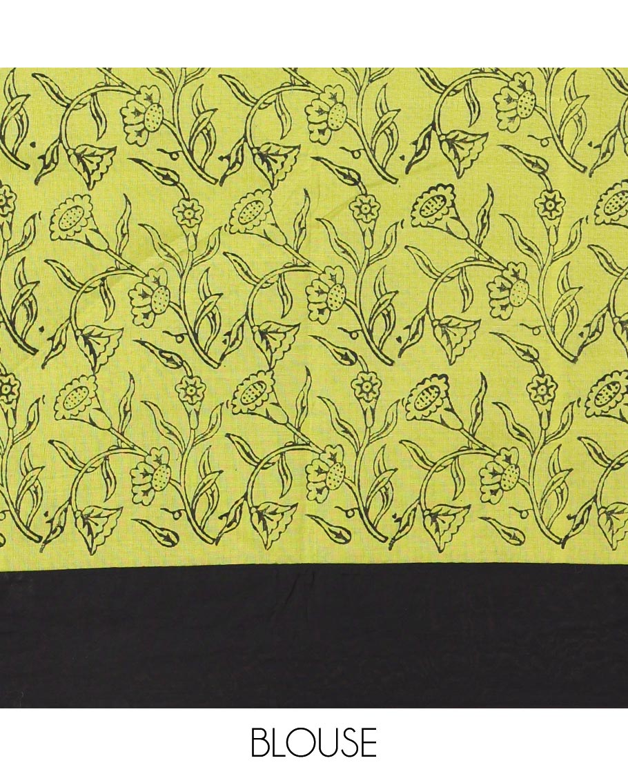 Black plain South cotton saree, contrast block printed border, and pallu of floral vine print, and floral vine printed blouse