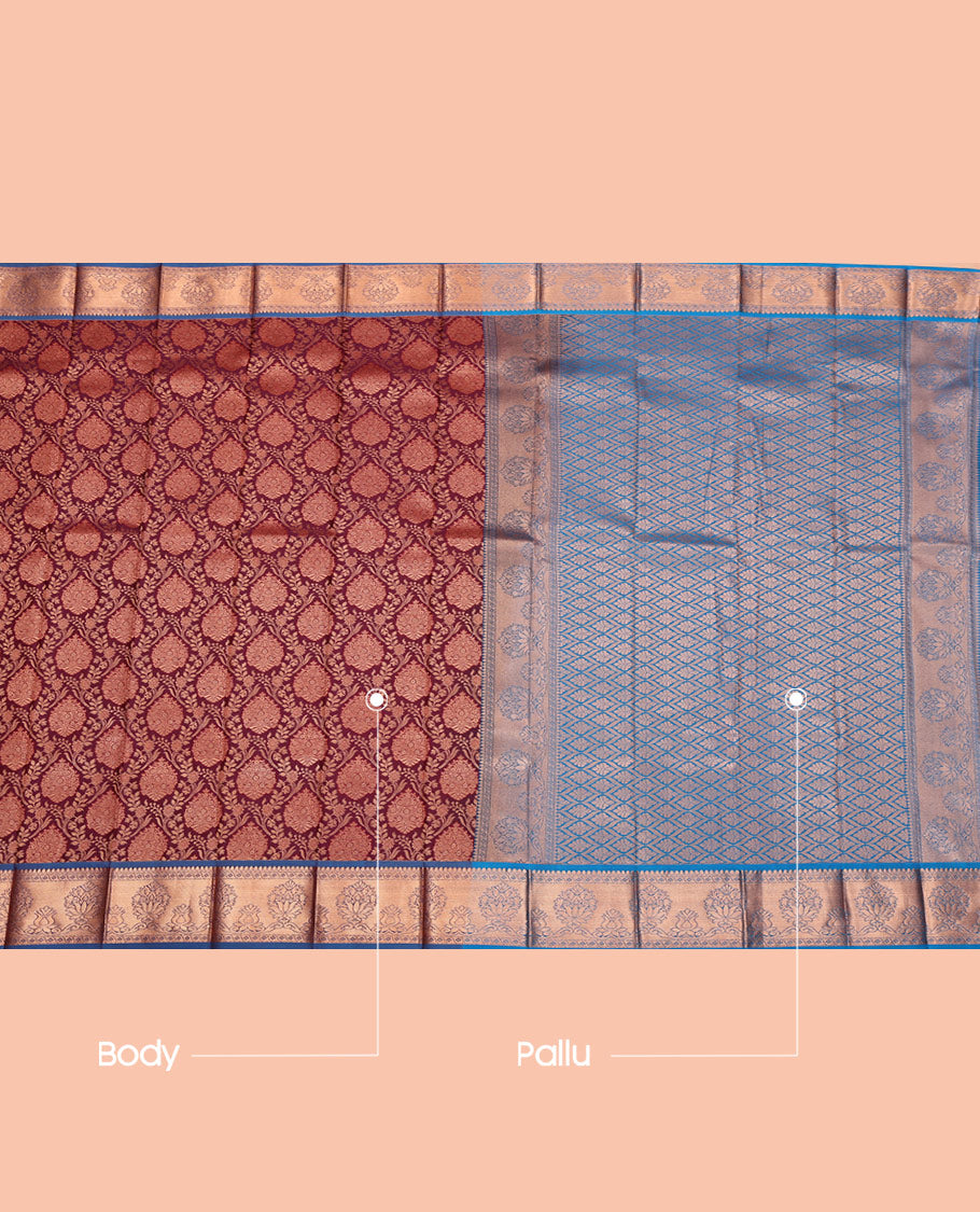 Maroon Budget Silk Saree, Majestically Detailed with Jacquard, Complemented by Contrast Traditional Zari Border, Grand Pallu, and a Contrast Blouse