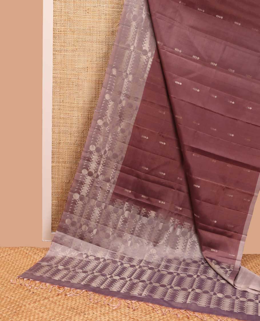 Mauve motifs mayuri soft silk saree with contrast zari design boeder & geometric design pallu