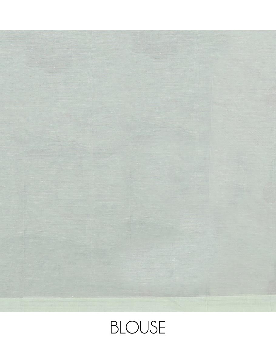 Borderless Pale Green Coimbatore Cotton Saree, Woven with Geometric Buttas All Over Its Body, Complemented by Contrast Pallu of Floral Designs, and Paired with a Matching Blouse