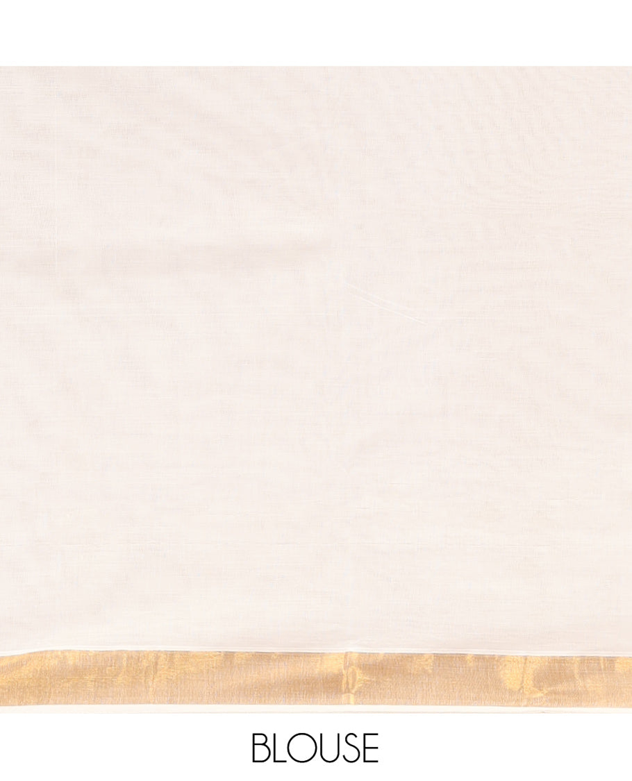 Cream Kerala Cotton Saree, Decorated with Thread and Zari Buttas All Over Its Body, a Zari Bavanji Border, Pallu of Intricate Designs, and Paired with a Matching Blouse