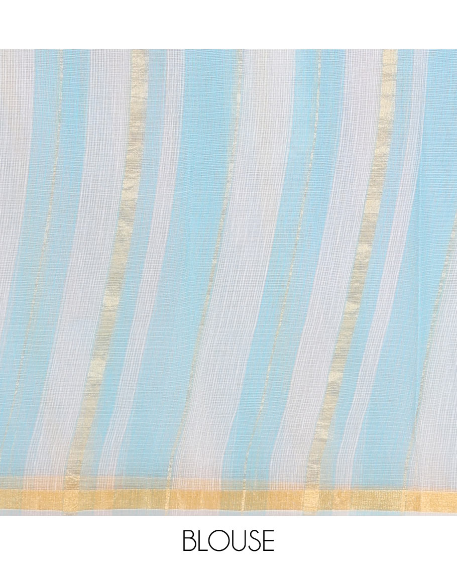 White and Blue Kota Cotton Saree, Mesmerized with Stripes and Floral Motifs Thread Embroidery on Its Body, Piping Border, Pallu Features Floral Embroidery, and Paired with a Matching Blouse