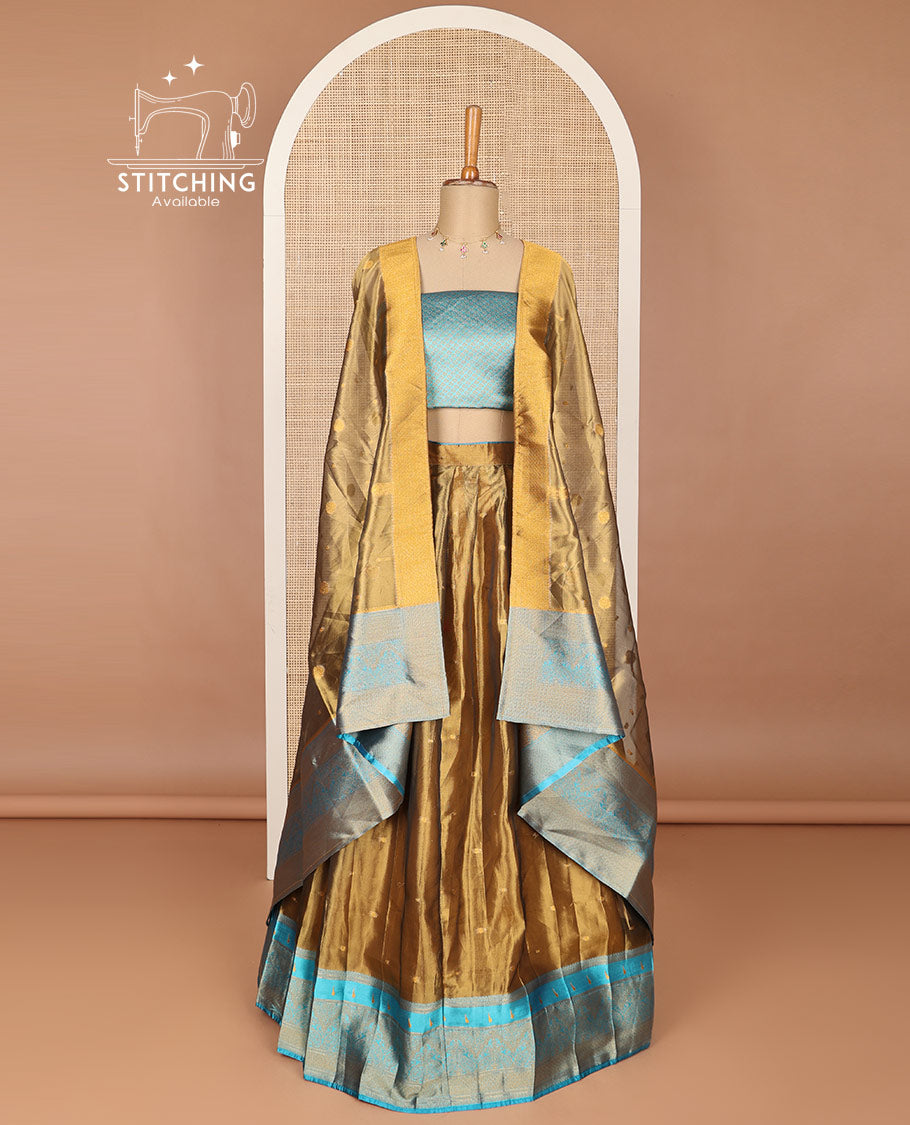 Brown buttas art silk half saree with contraast intricate zari border, zari design blouse & floral design dhavani