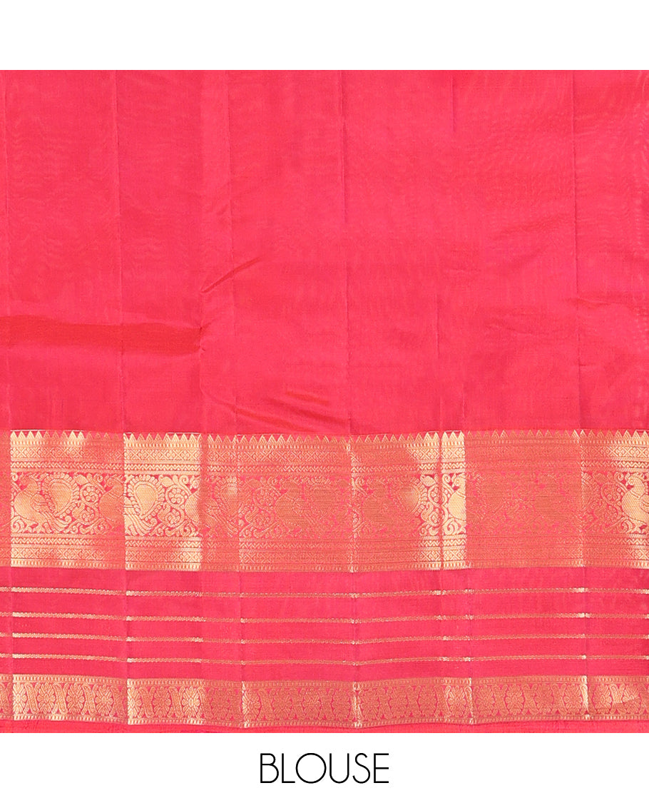 Violet Vasundhara Lite Silk Mix Saree, Gleamed Up with Zari Buttas, a Contrast Border of Rekku, Muthu, Neli, Mayil, and Cross Kamalam Designs, Grand Jaal Pallu, and a Contrast Blouse