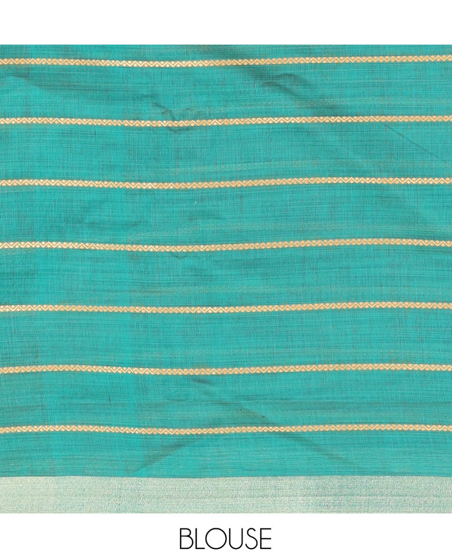 Navy Blue Semi-Silk Cotton Saree, Accentuated with Veldhari Stripes, Gold Zari Border, Contrast Striped Pallu and a Contrast Blouse