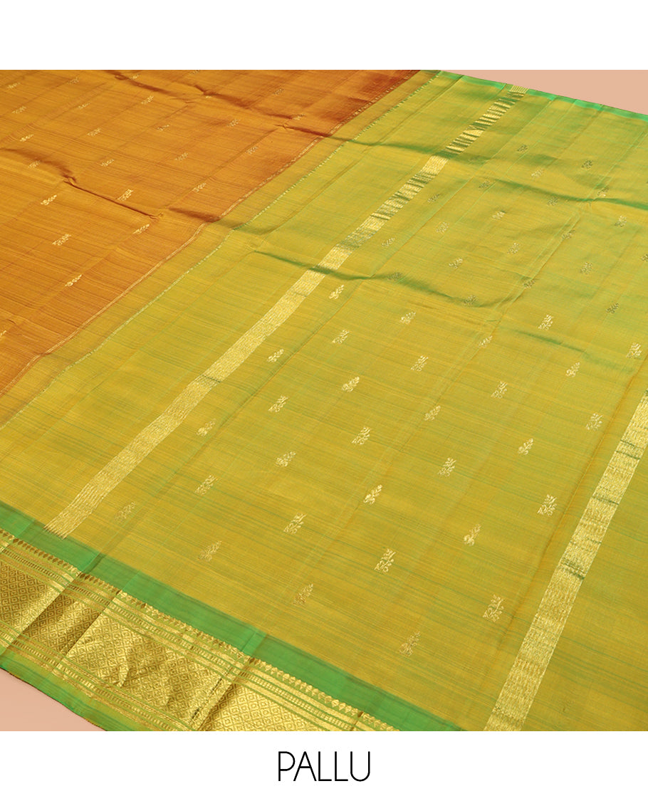 Mustard Kanchipuram Silk Saree, Elevated with Zari Buttas, a Contrast One-Sided Border of Rekku, Banaras, Muthu, and Mayil Design, Zari Design Pallu, and No Blouse