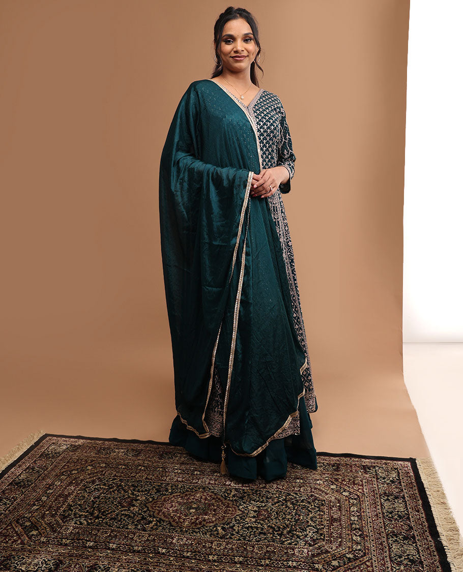 blue floral embroidered v neck, 3/4 th sleeve, floor length top with sharara pants & floral zari design dupatta