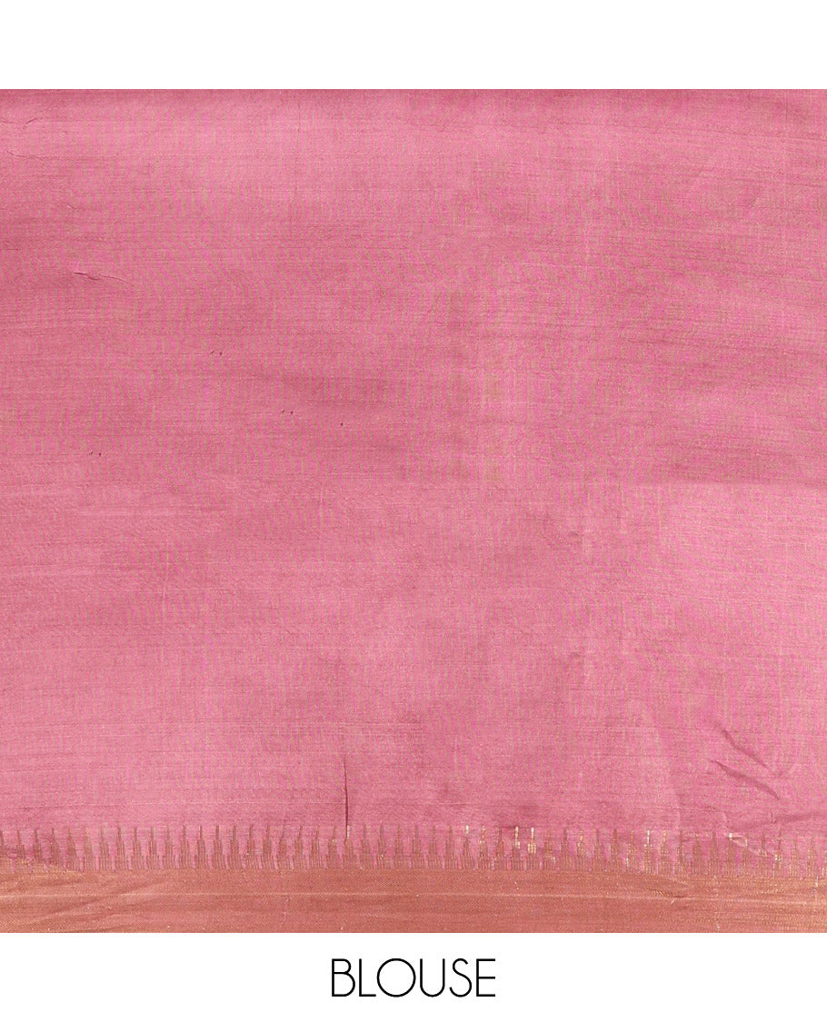 Rosewood Pink Plain Banana Pith Saree, a Zari Temple Border, Striped Pallu, and Matching Blouse