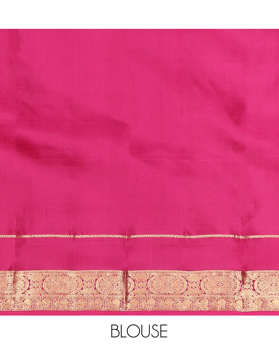 Wine Vasundhara Silk Saree, Woven with Chakram Zari Buttas, Contrast Rettai Pettu Border of Ara Bogudi, Mayil, and Chakram Designs, Jaal Pallu, and Contrast Blouse