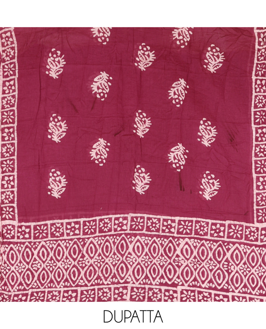 Purple Cotton Material Chudidar, Batik Printed Top, a Matching Bottom, and Batik Print Dupatta