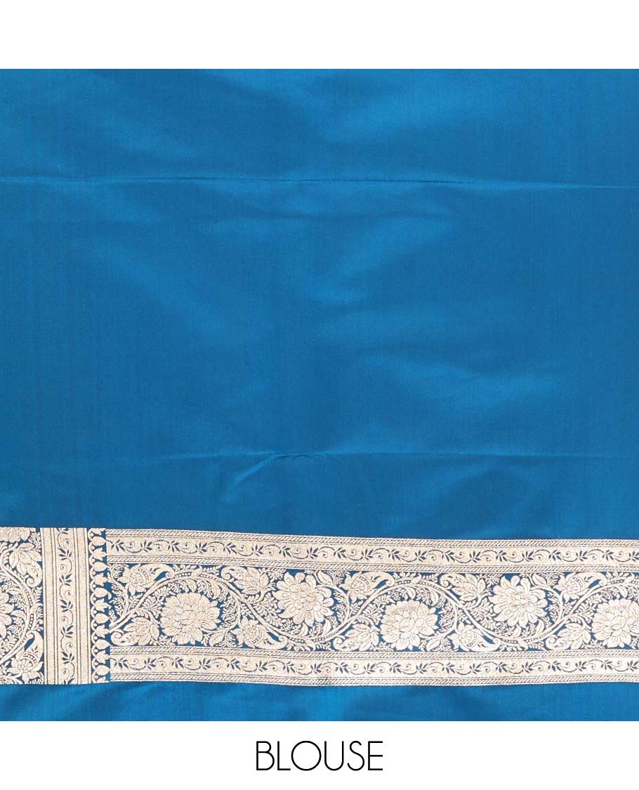 Blue semi banaras nylon saree with self floral design border & floral ogee design pallu