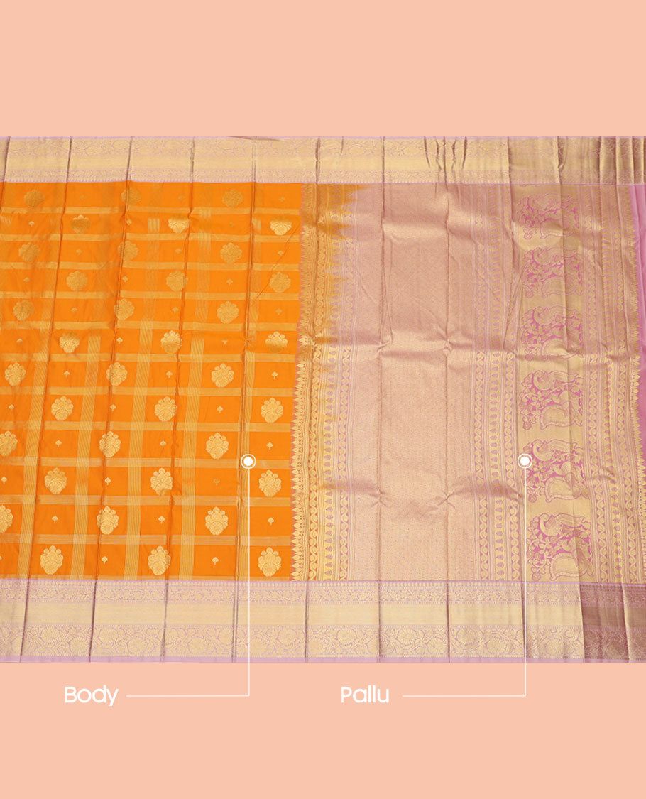 Yellow Budget Silk Saree, Finely Crafted with Zari Butta Enclosed Checks, Complemented by a Contrast Traditional Border, Intricate Pallu, and a Contrast Blouse